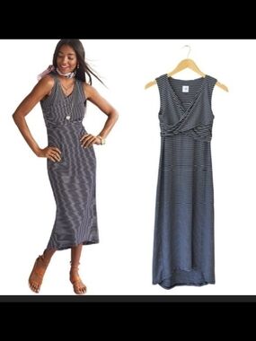Cabi Launch Maxi/midi Dress Navy Blue White‎ Striped Sz L Style 5610